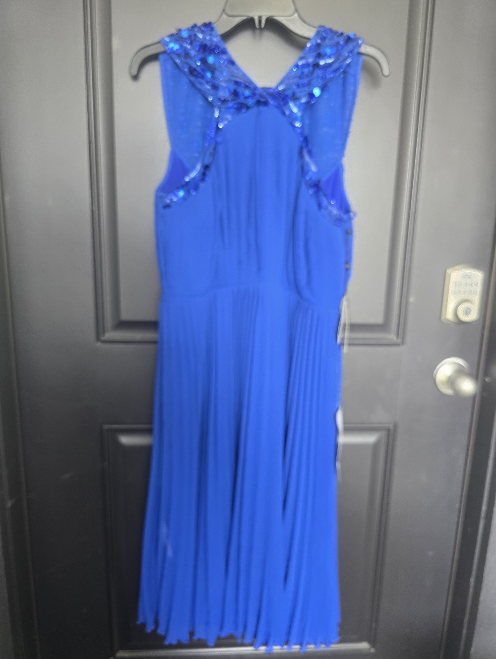 NWT Adrianna Papell Royal Blue Pleated Maxi Dress Sz 12 Sequin Sleeveless Formal - Picture 4 of 16